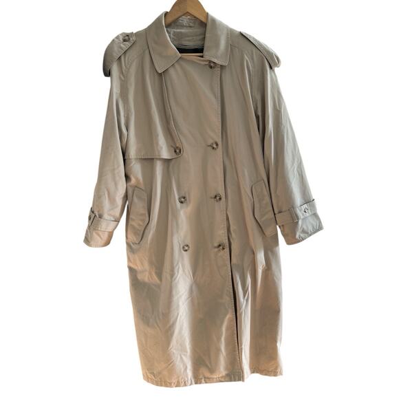 London Fog Women’s Khaki Long Jacket Double Breasted Trench Coat size 12 Petite - Picture 2 of 6